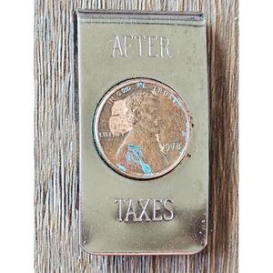 After Taxes MONEY Clip 1978 Penny Vintage Metal Silver Tone